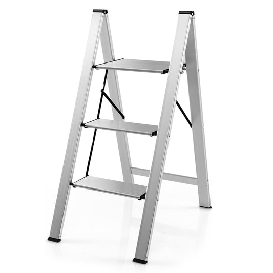 Step Ladder, Stepladder, 3 Step Ladder, Folding Ladder with Wide Anti-Slip Pedal, Lightweight Step Ladder, Silver, Costway