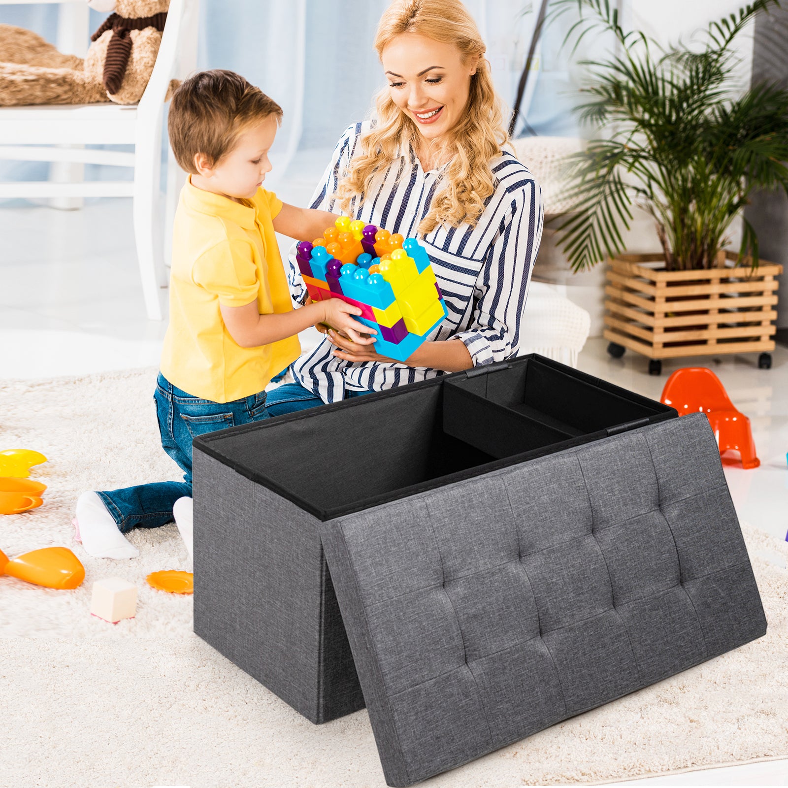Fabric Foldable Storage Ottoman with Padded Seat for Living Room, Portable Picnic Seat, Dark Grey, Costway, 1