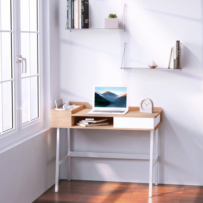 Computer Desk, Writing Desk, Study Workstation with Drawer, Storage Compartments, Cable Management, Laptop Table, Metal Frame, 100 x 55 x 81.5cm, Oak and White, HOMCOM, 2