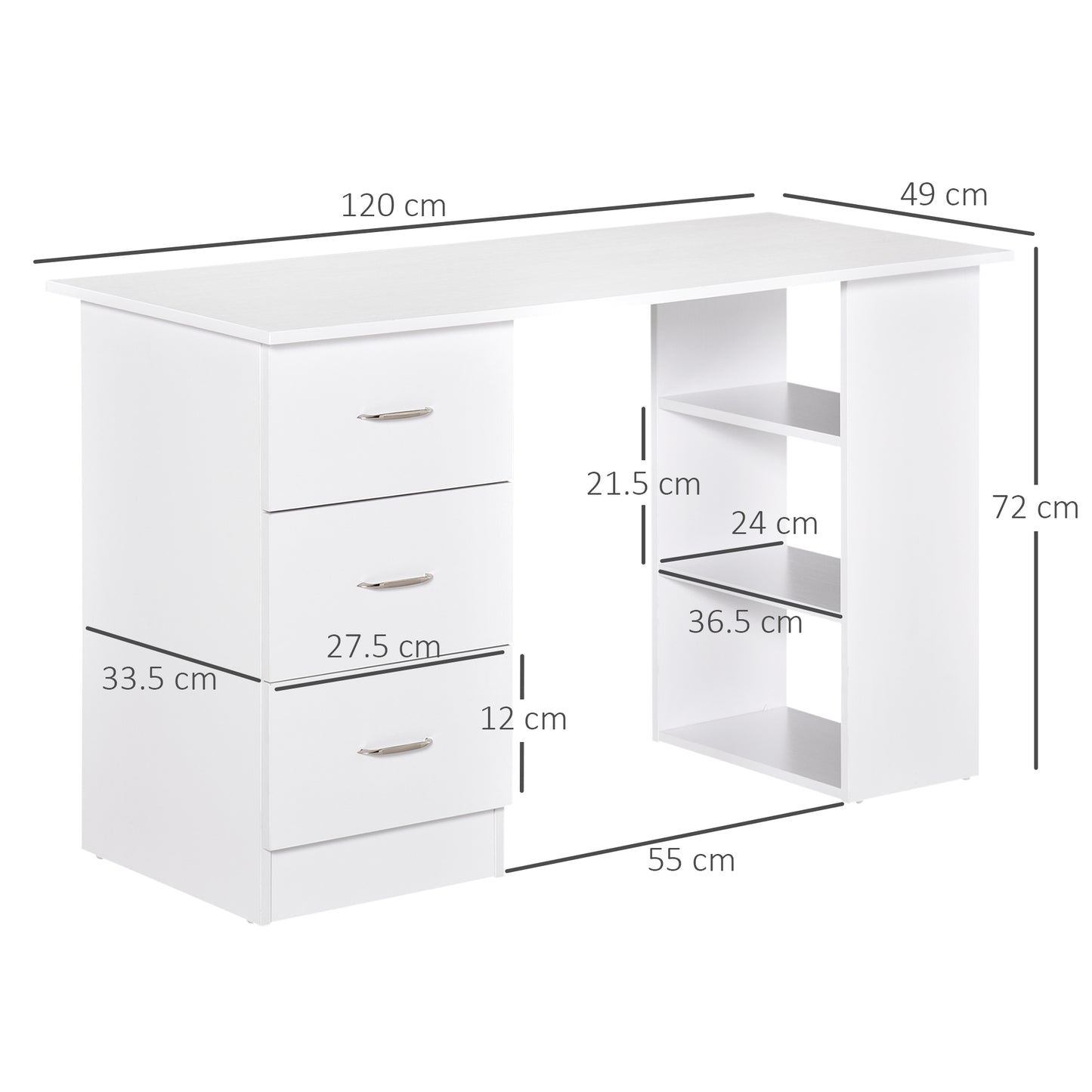 Computer Desk, Writing Table, PC Workstation with 3 Storage Shelves and Drawers, Silver Handle, for Home Office, White, HOMCOM, 3