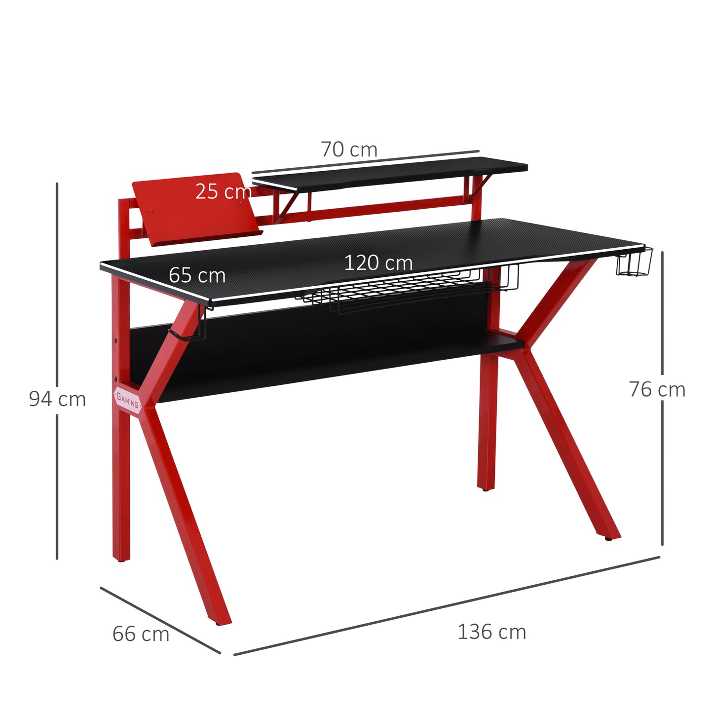 Gaming Desk, Computer Table with Monitor Stand, Cup Holder, Headphone Hook, Wire Basket and Metal Frame, 120cm, Red, HOMCOM, 3