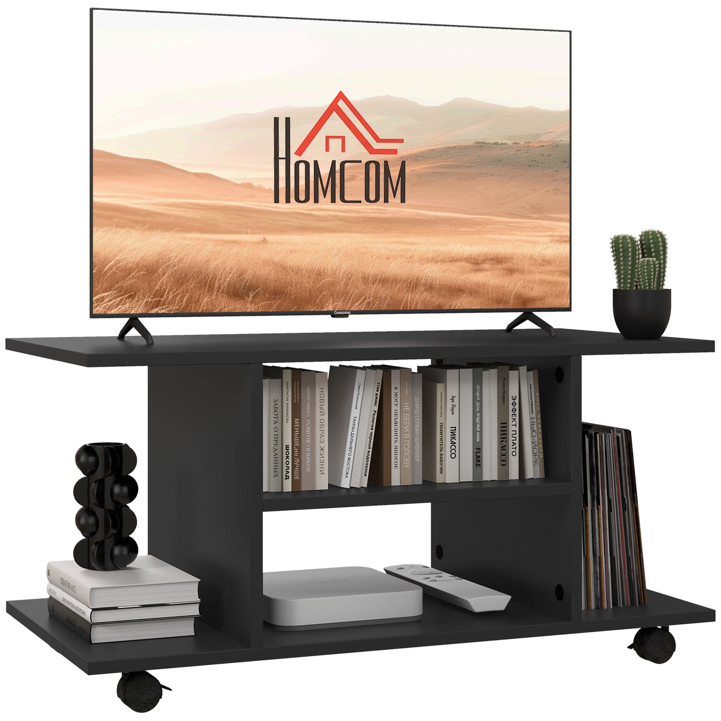 Modern TV Stand with Storage Shelves, TV Table, Sleek Design for Living Rooms, Space-Saving, Black, HOMCOM, 1