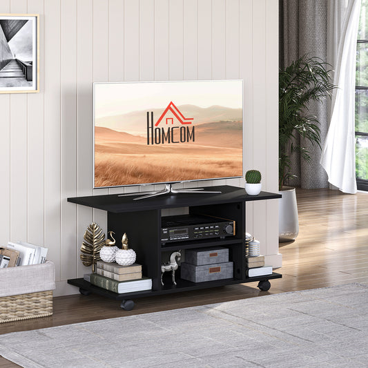 Modern TV Stand with Storage Shelves, TV Table, Sleek Design for Living Rooms, Space-Saving, Black, HOMCOM, 2
