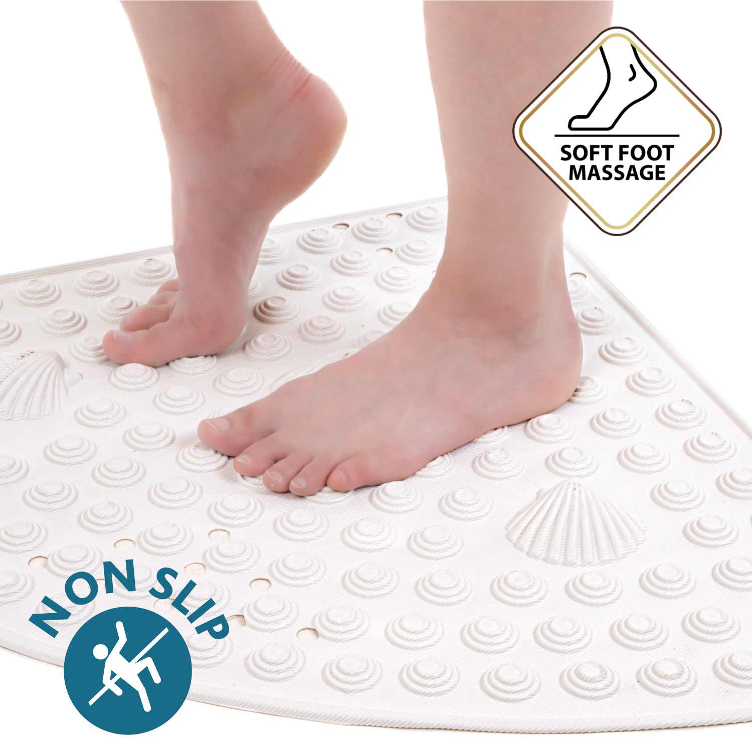 Corner Shower Mat, 58 x 58 cm, Curved Non Slip Shower Mat, Made in Italy, White, Tatkraft Shell , 3