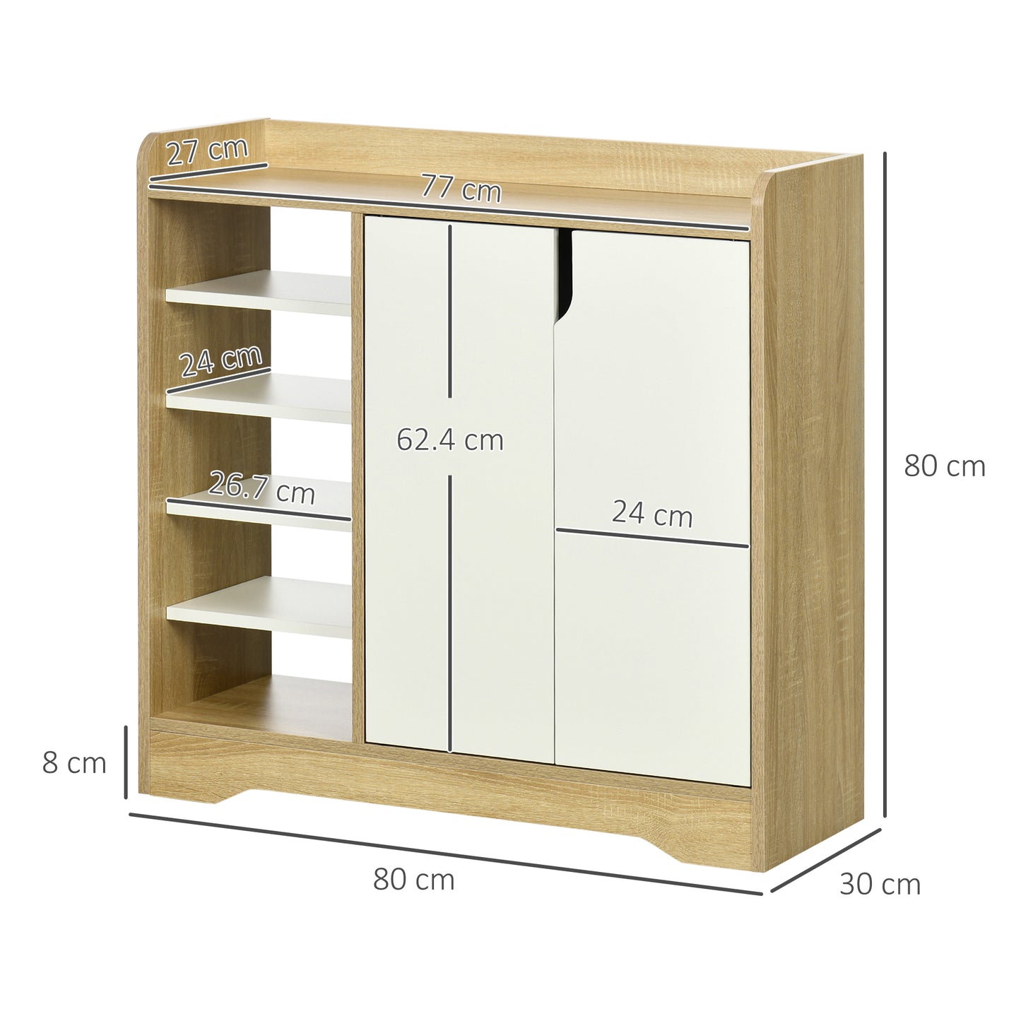 Shoe Storage with Double Doors and Open Shelves 13 Pair Shoe Storage Organizer for Entryway Hallway Natural and White, HOMCOM, 3