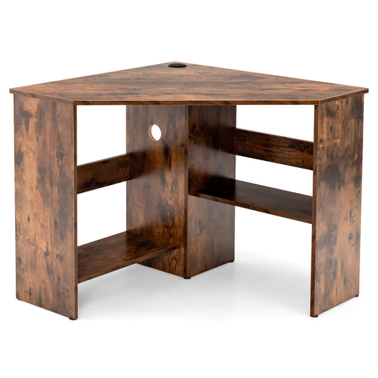 Triangle Corner Computer Desk with Open Shelf and Cable Holes-Rustic Brown, Costway, 1