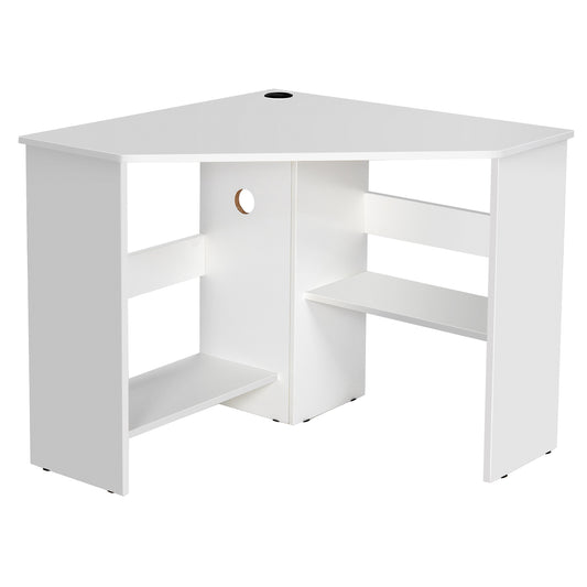 Triangle Corner Computer Desk with Open Shelf and Cable Holes-White, Costway, 1