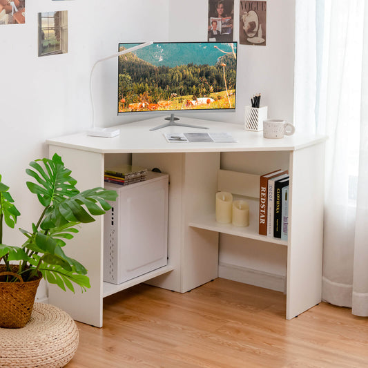 Triangle Corner Computer Desk with Open Shelf and Cable Holes-White, Costway, 2