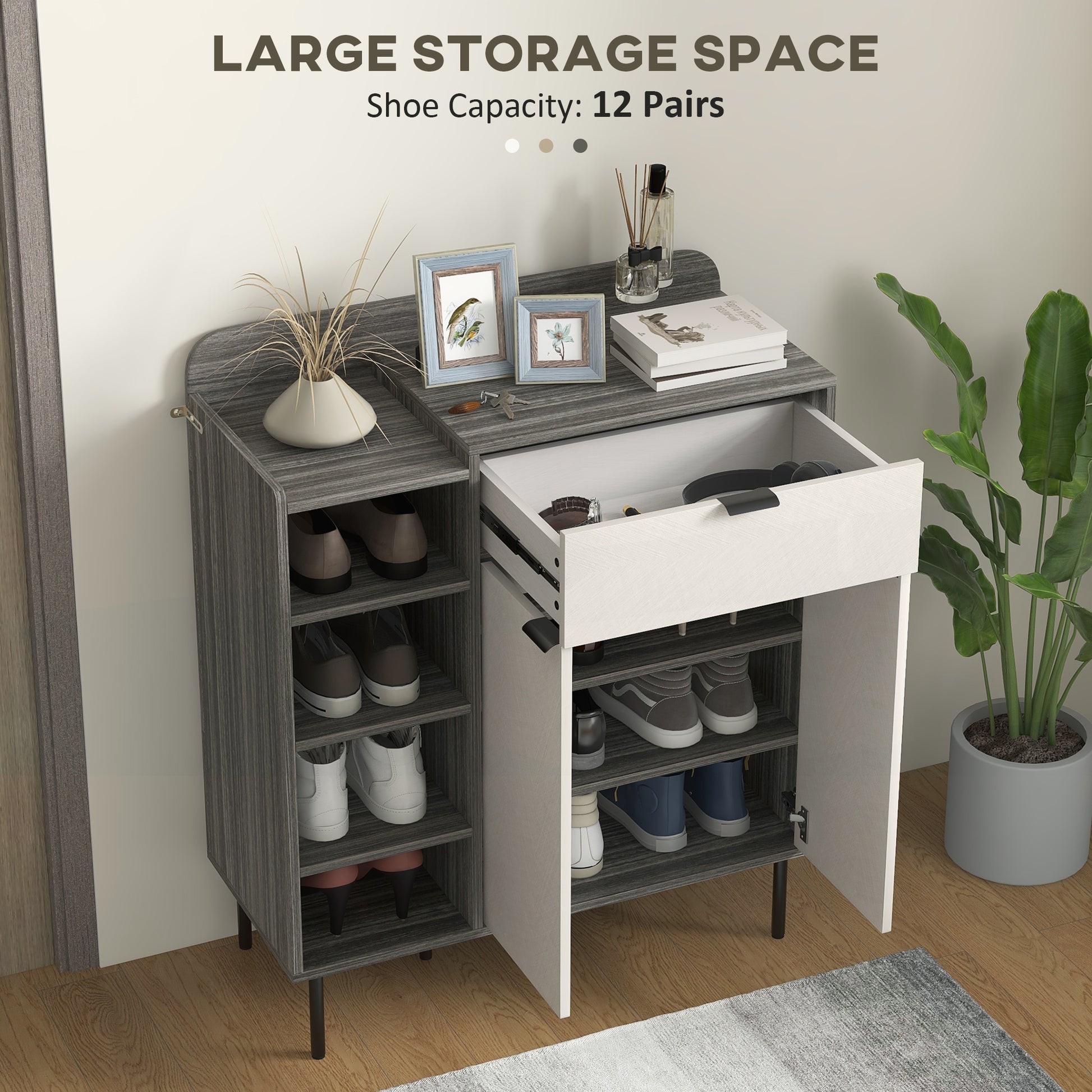 Modern and Minimal 12 Shoe Storage Cabinet - Grey/White, HOMCOM, 5