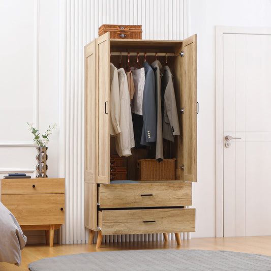 2 Door Wardrobe, Modern Wardrobe with 2 Drawer and Hanging Rail for Bedroom, Natural, HOMCOM, 2