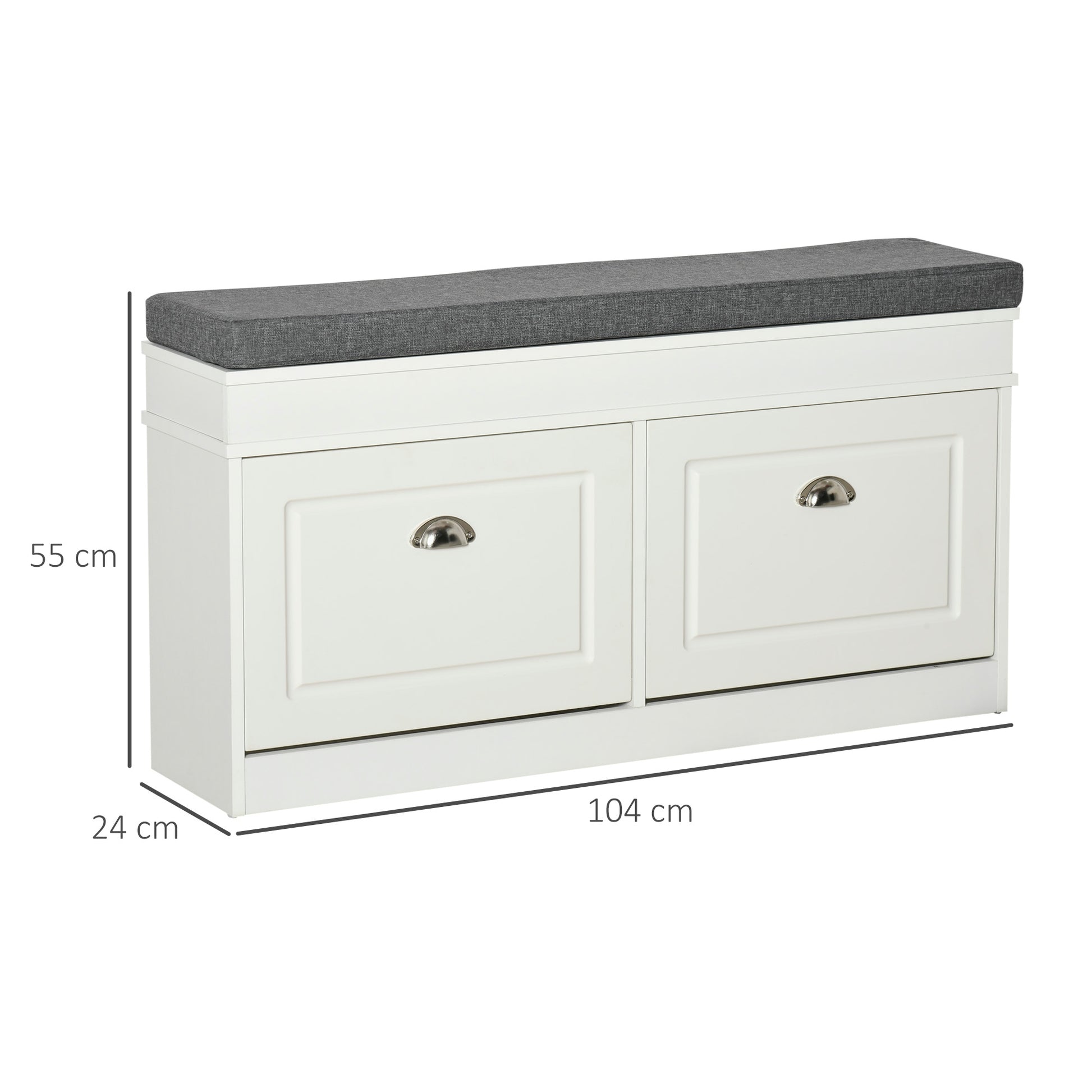 Shoe Storage Bench with Flip Drawers, Shoe Cabinet with Seat Cushion and Adjustable Shelf for Hallway, Entryway, Living Room, Bedroom, White, HOMCOM, 3