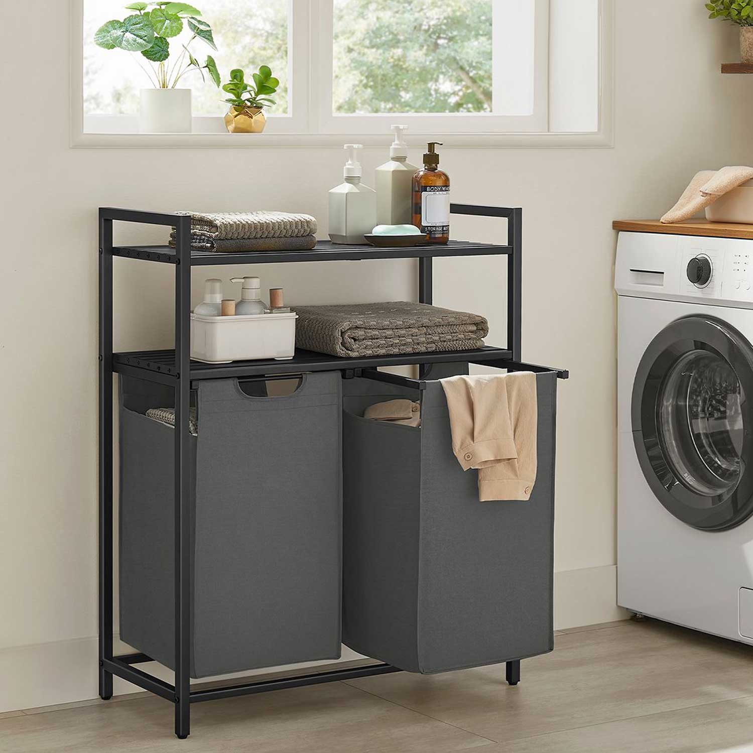 Laundry Basket, Laundry Hamper, Laundry Sorter with 2 Pull-Out and Removable Bags, 2 Shelves, 92L Capacity, VASAGLE