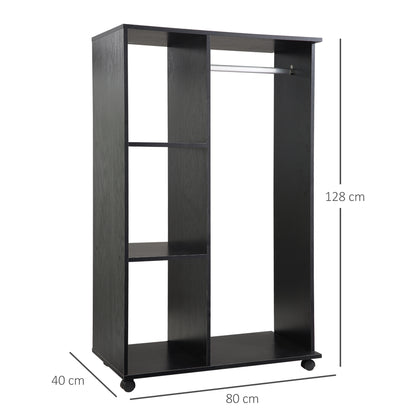 Open Wardrobe on Wheels with Clothes Rail, Bedroom Clothes Storage with Hanging Rod, 3 Storage Shelves, Mobile Garment Rack for Cloakroom, Hallway, Black, HOMCOM, 3