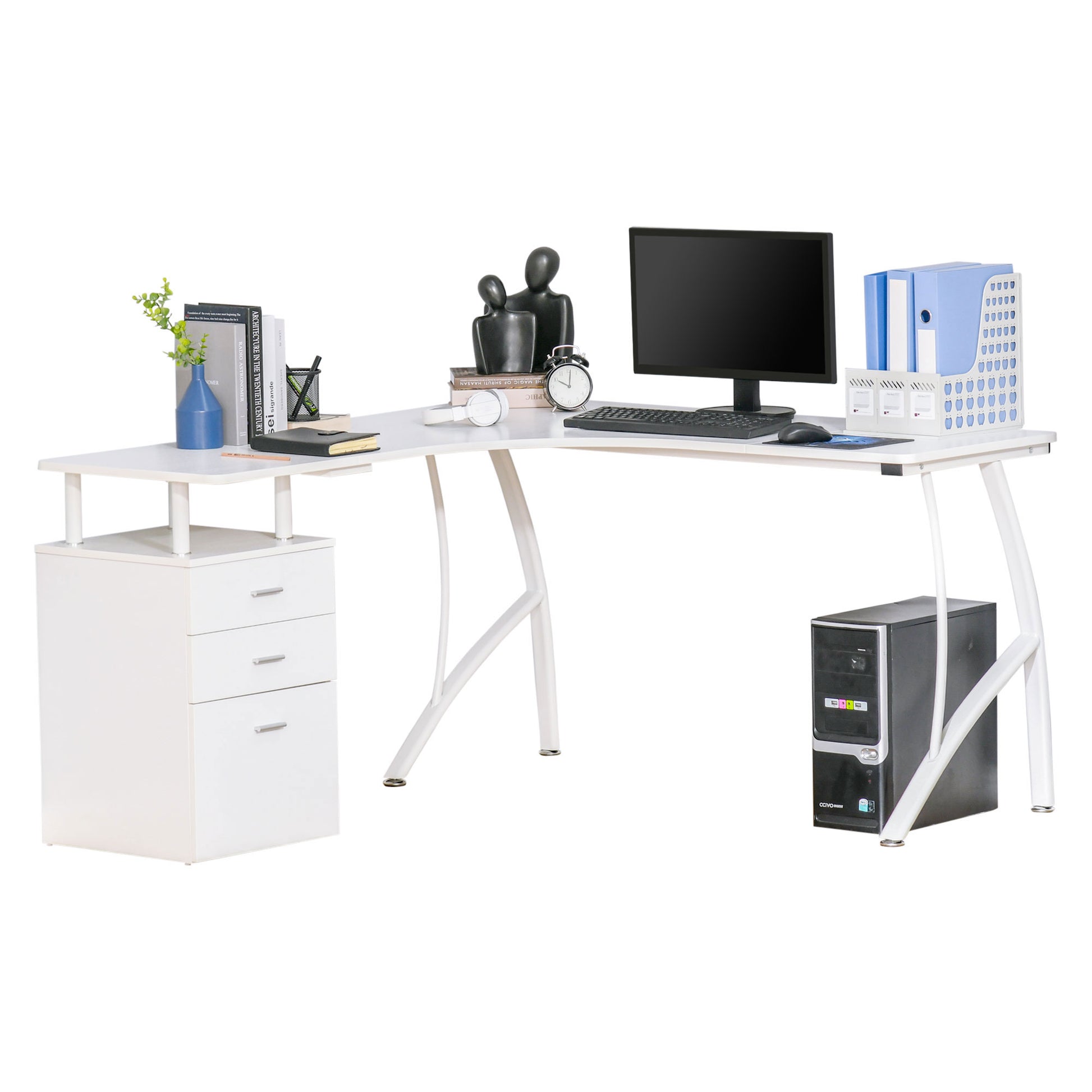 L-Shaped Computer Desk Table with Storage Drawer Home Office Corner Industrial Style Workstation for A4 Files 152 x 143.5 x 76cm, White, HOMCOM, 1