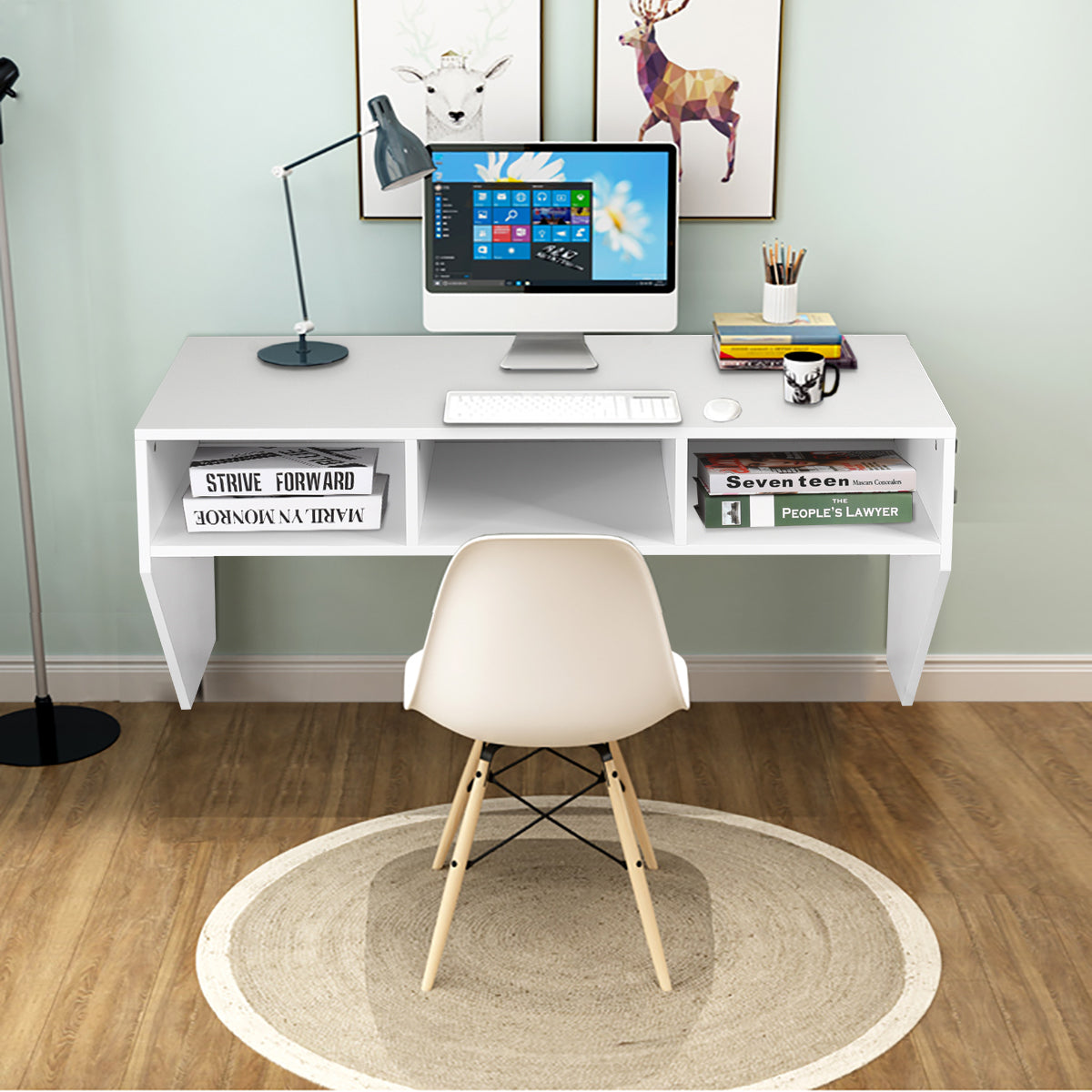 Wall Mounted Computer Desk with 3 Storage Compartments-White, Costway, 3