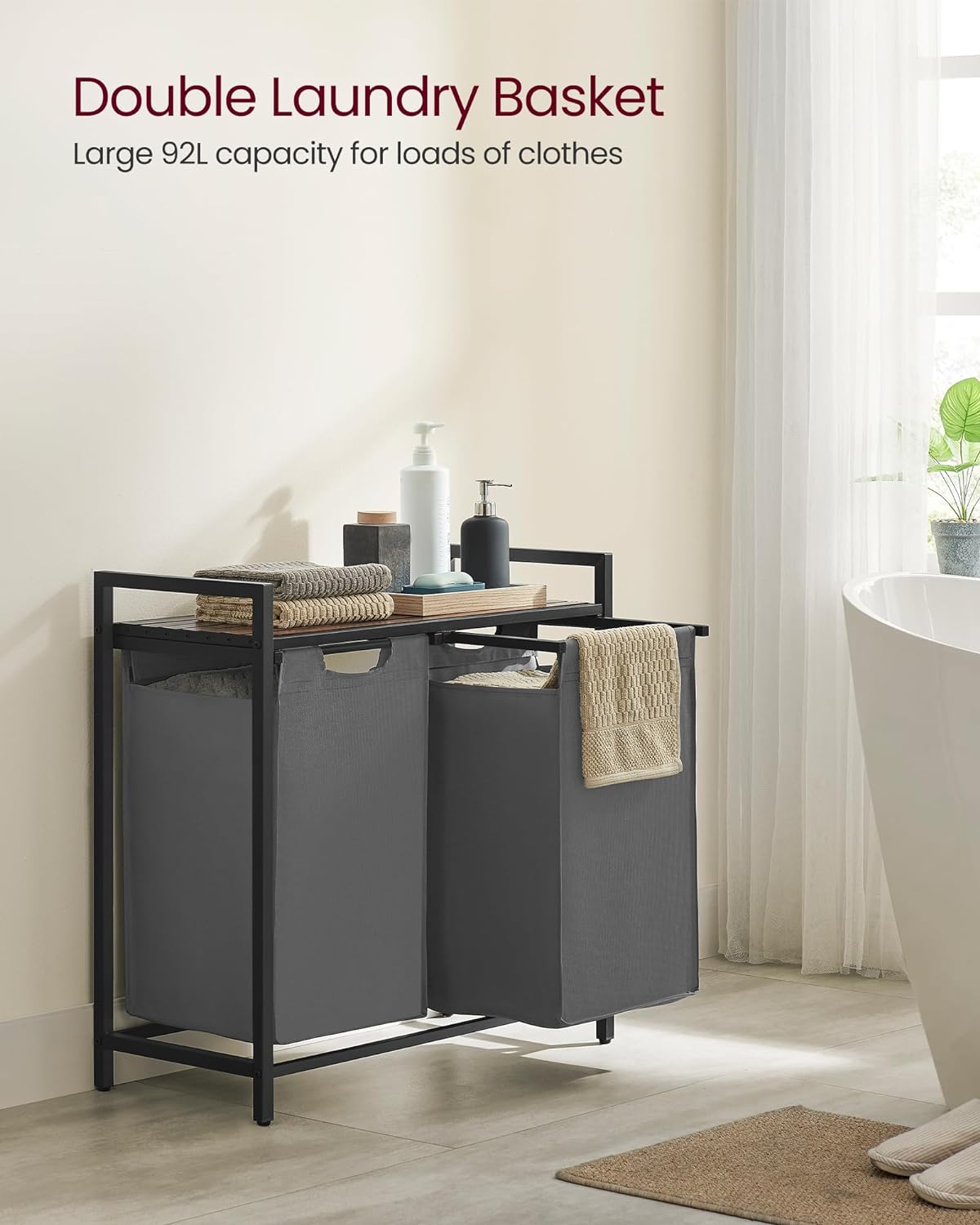 Washing Basket, Laundry Basket, 2 Compartment Laundry Basket, Removable Washing Bags, 2 x 46L, Brown and Grey, VASAGLE, 4