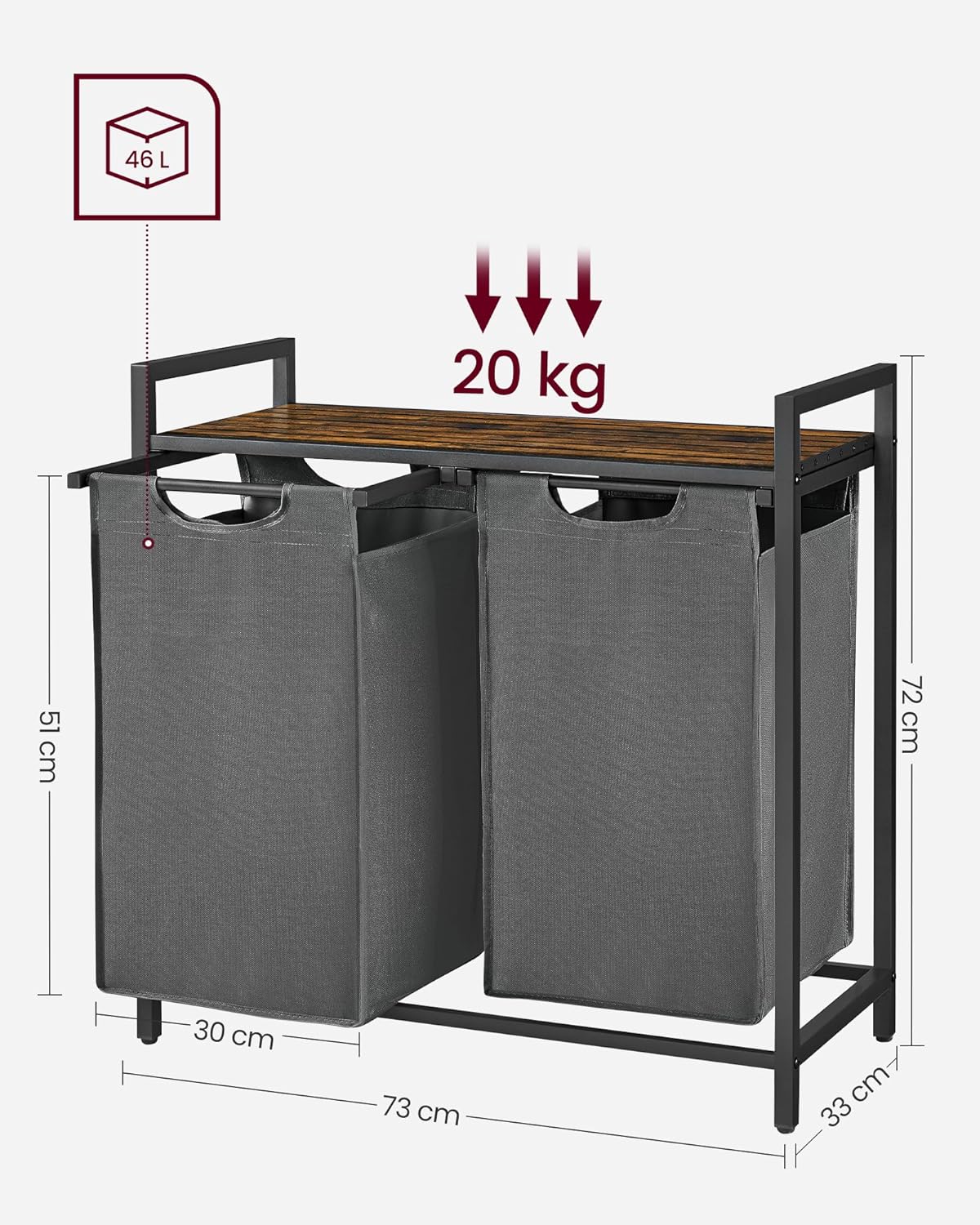 Washing Basket, Laundry Basket, 2 Compartment Laundry Basket, Removable Washing Bags, 2 x 46L, Brown and Grey, VASAGLE, 8