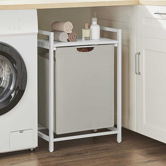 Washing Basket, Laundry Basket with Shelf, Laundry Hamper, Metal Frame, 65L,  White, VASAGLE, 1