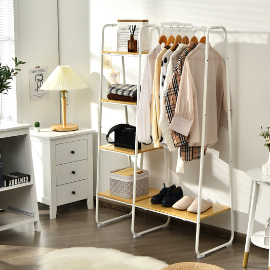 Clothes Rail, Industrial Clothes Rail, Free-Standing Garment Clothing Rack with 5-Tier Wood Shelves, White, Costway