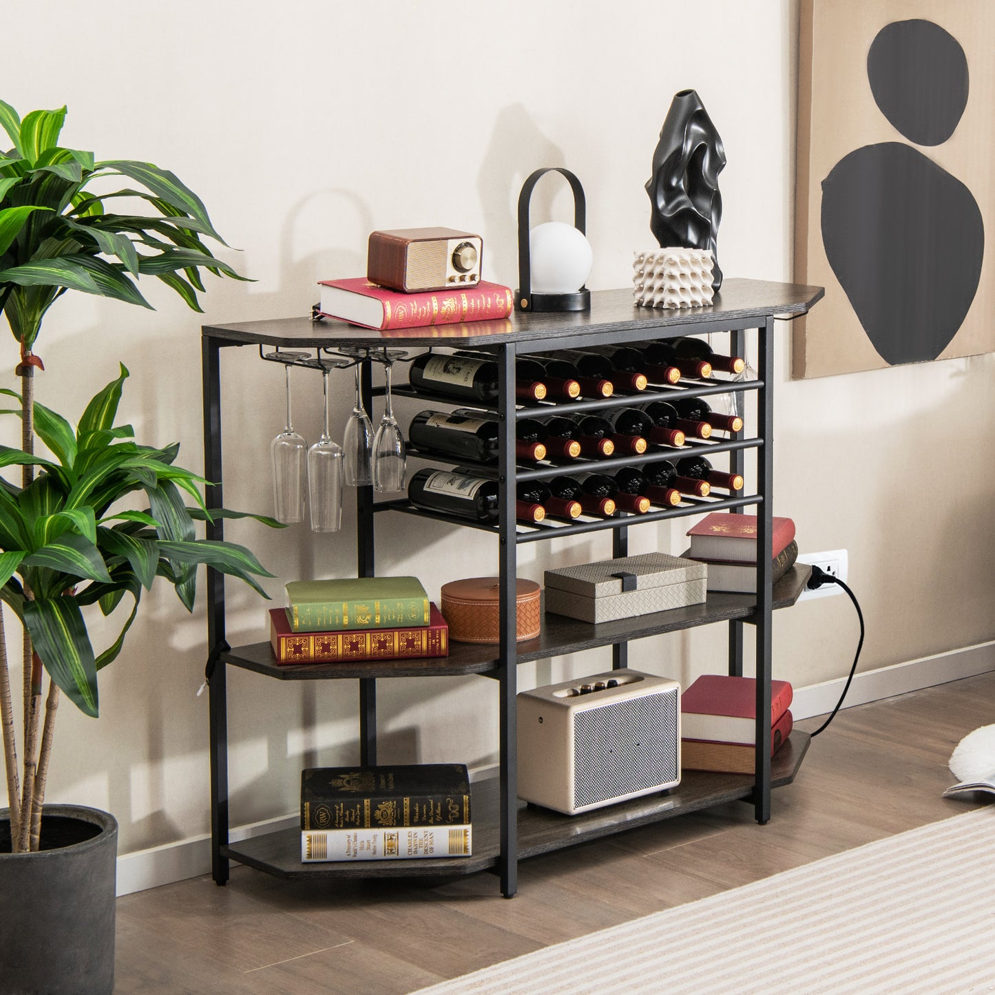 Wine Bar Cabinet 3-Tier Wine Rack with Shelves and Glass Holders-Grey, Costway, 2