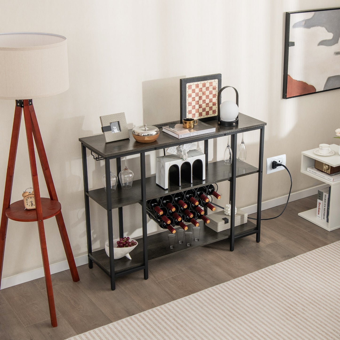 Wine Bar Cabinet Wine Rack with Bottle Racks and Storage Shelves-Grey, Costway, 1