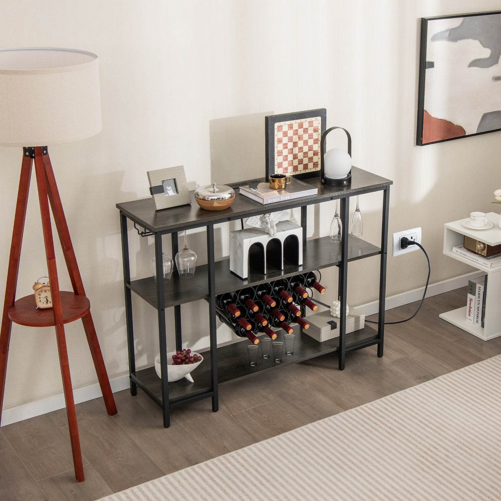 Wine Bar Cabinet Wine Rack with Bottle Racks and Storage Shelves-Grey, Costway, 1