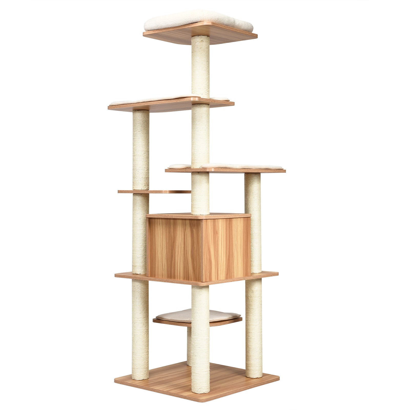 Cat Tree, Cat Tower, Cat Activity Centre, 176 CM Wooden Cat Tree with Condo and Free Cushions, Natural, Costway, 3