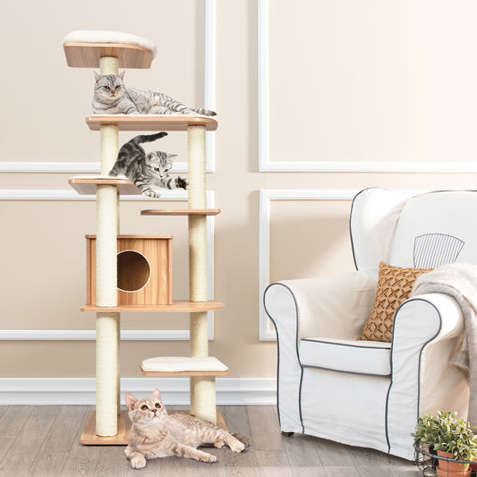 Cat Tree, Cat Tower, Cat Activity Centre, 176 CM Wooden Cat Tree with Condo and Free Cushions, Natural, Costway