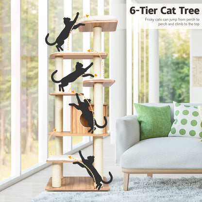 Cat Tree, Cat Tower, Cat Activity Centre, 176 CM Wooden Cat Tree with Condo and Free Cushions, Natural, Costway, 1