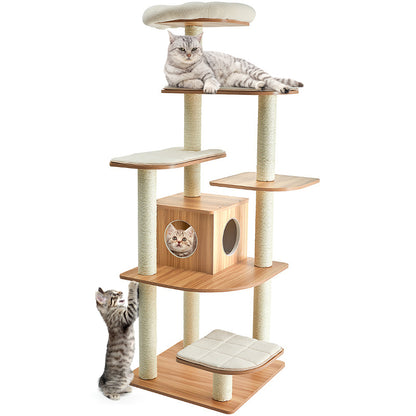 Cat Tree, Cat Tower, Cat Activity Centre, 176 CM Wooden Cat Tree with Condo and Free Cushions, Natural, Costway, 2