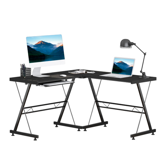 L Shaped Gaming Desk, Corner Computer Desk with Keyboard Tray, Work Table for Home Office, Study Workstation, 130 x 130 x 73.5cm, Black, HOMCOM, 1