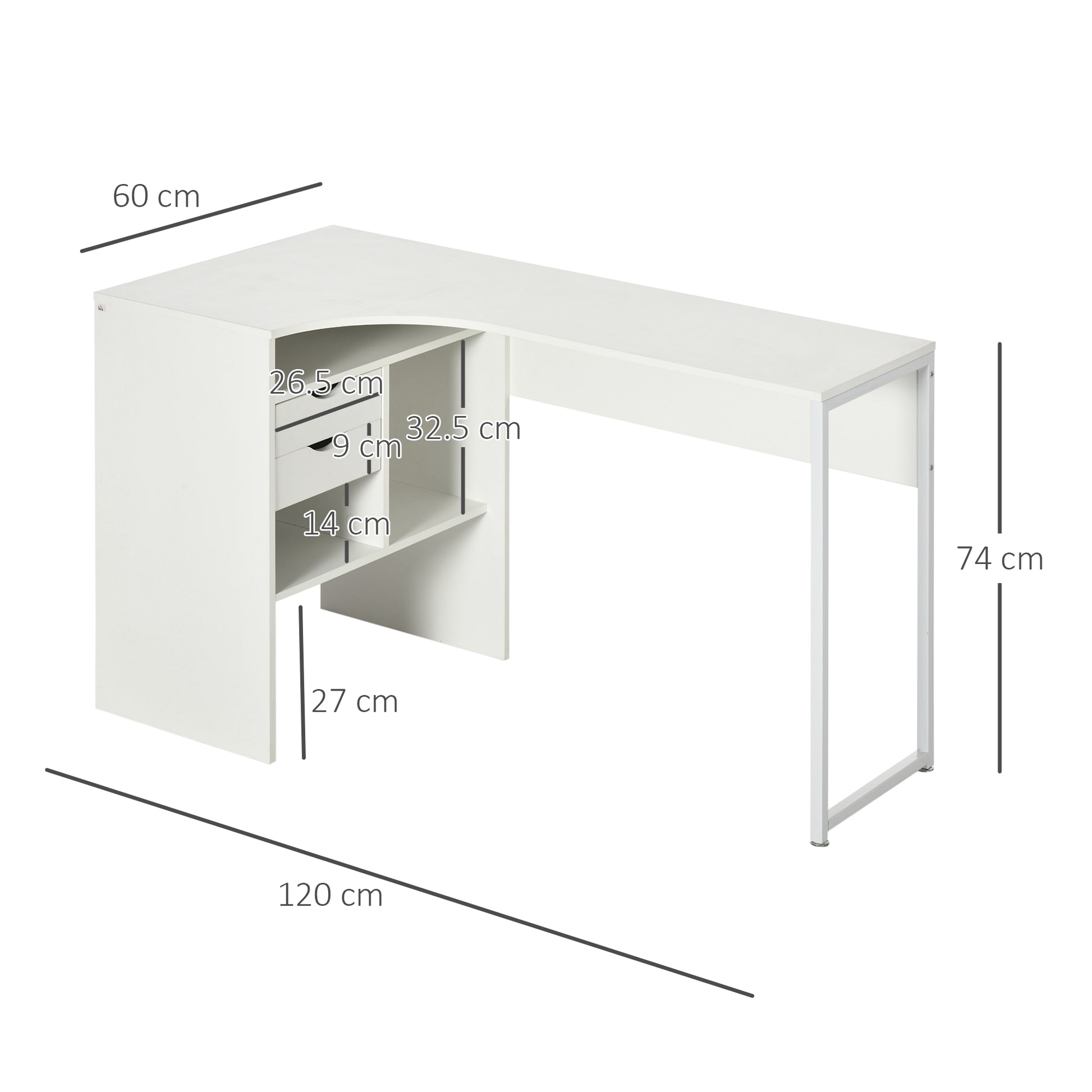 L Shaped Desk, 120cm Computer Desk, Corner Desk with 2 Drawers and 3 Storage Compartments for Home Office, Study Workstation, White, HOMCOM, 3