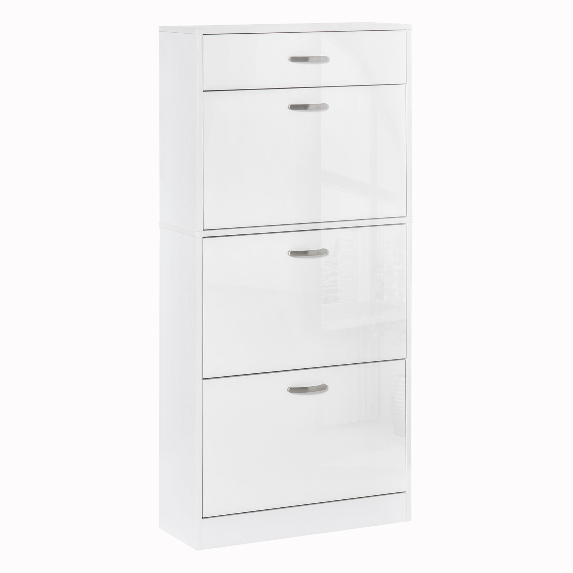 Shoe Cabinet with 3 Flip Drawers, High Gloss Shoe Storage Cabinet with Top Drawer and Adjustable Shelves, Shoe Cupboard for 18 Pairs, White, HOMCOM, 1