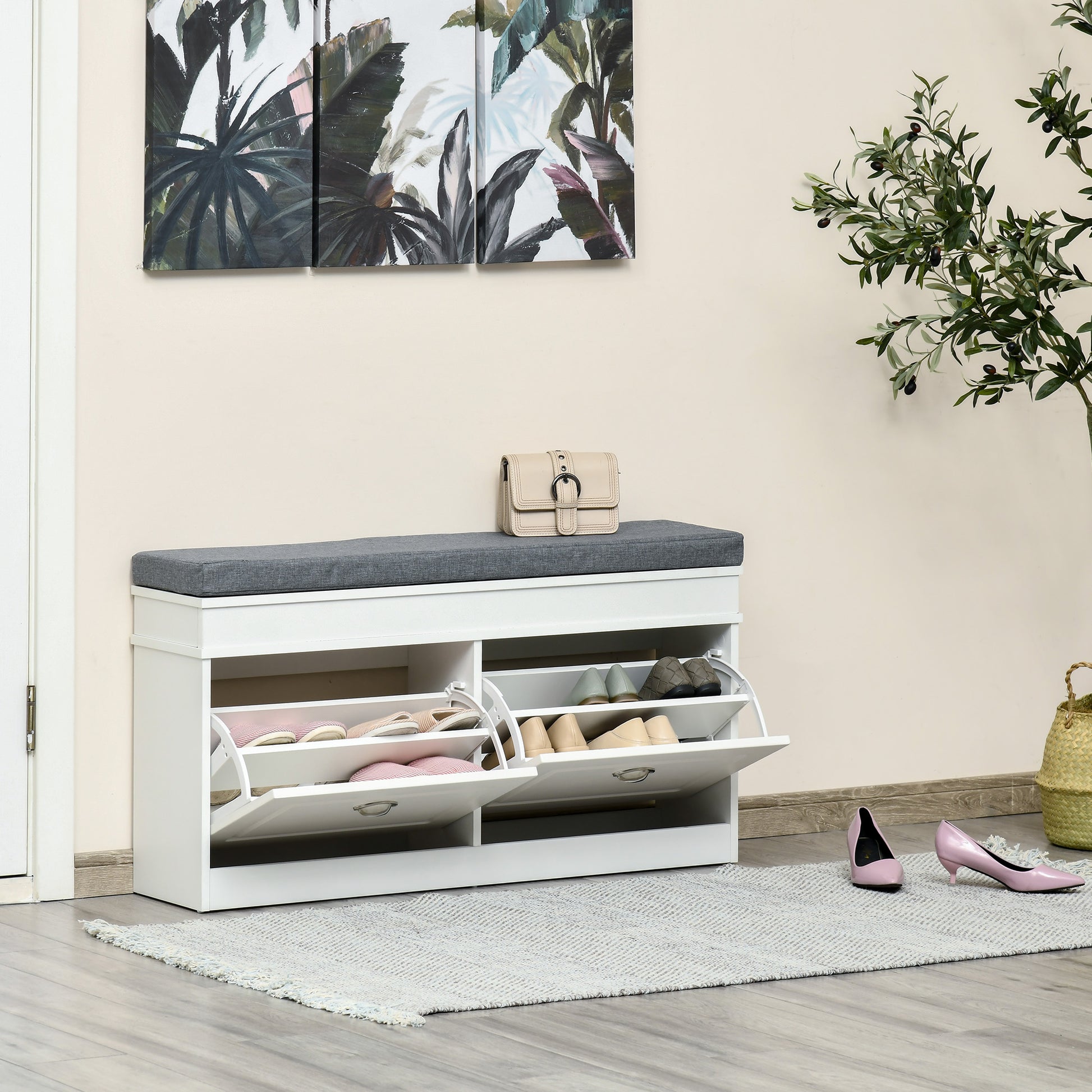 Shoe Storage Bench with Flip Drawers, Shoe Cabinet with Seat Cushion and Adjustable Shelf for Hallway, Entryway, Living Room, Bedroom, White, HOMCOM, 9