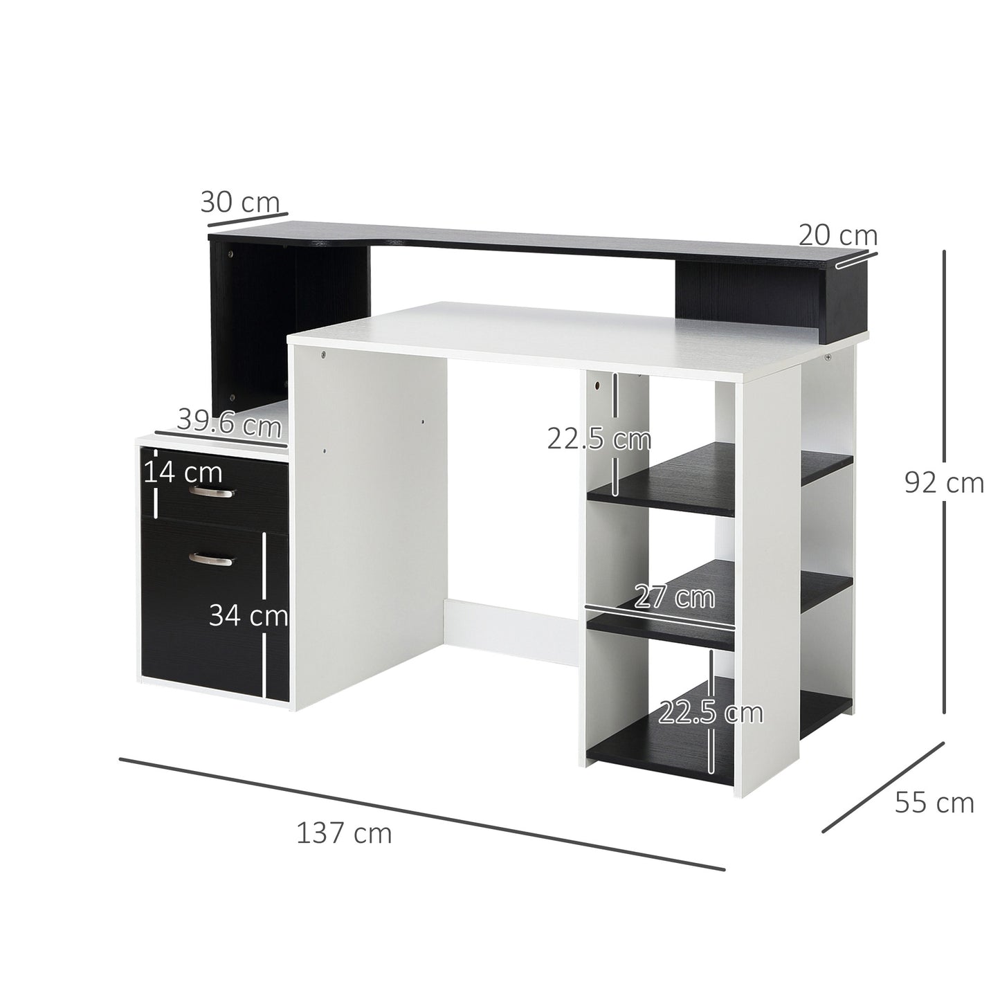 Computer Desk with Drawers and Storage Shelves, Reception Desk, Study Workstation for Home Office, 137 x 55 x 92cm, Black and White, HOMCOM, 3