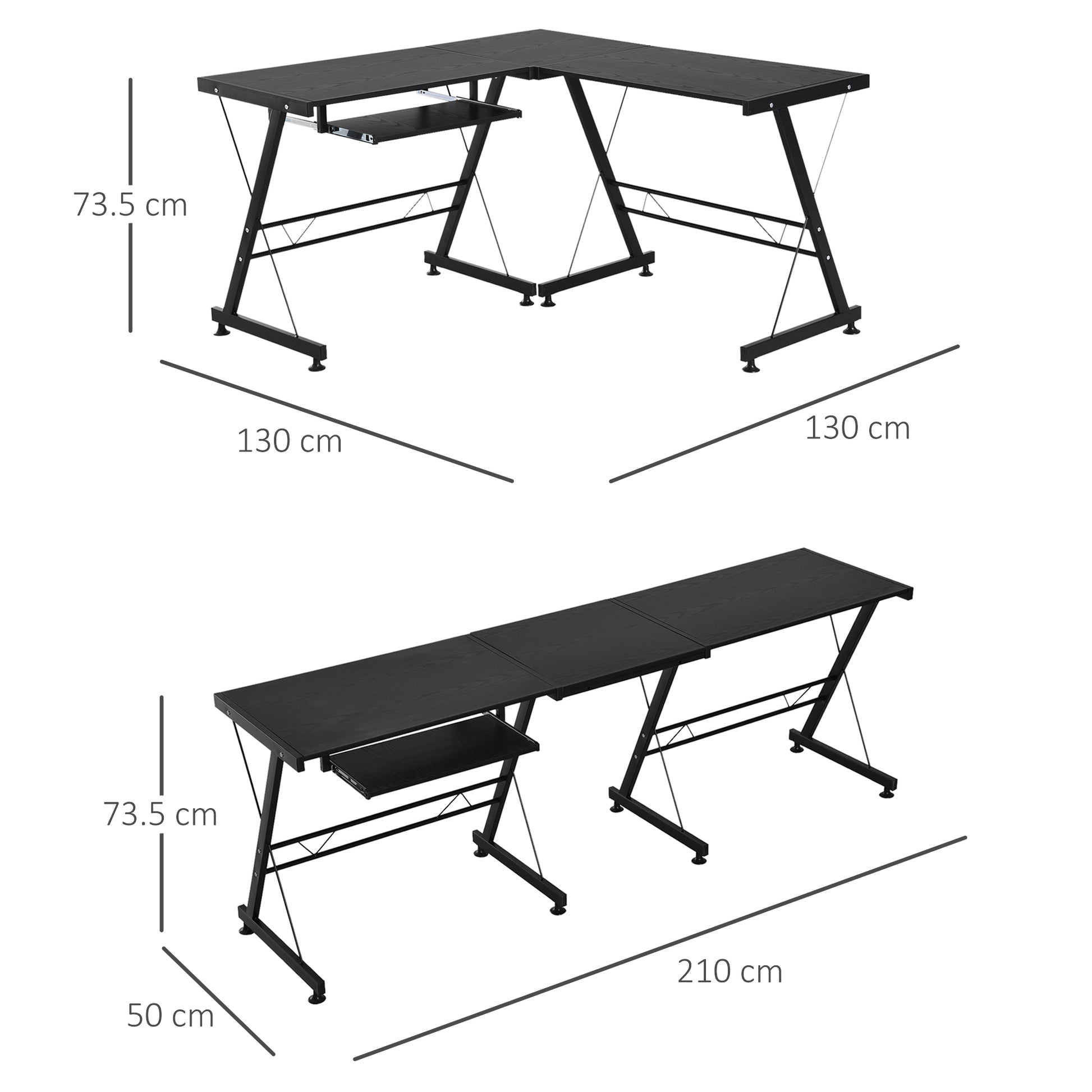 L Shaped Gaming Desk, Corner Computer Desk with Keyboard Tray, Work Table for Home Office, Study Workstation, 130 x 130 x 73.5cm, Black, HOMCOM, 3