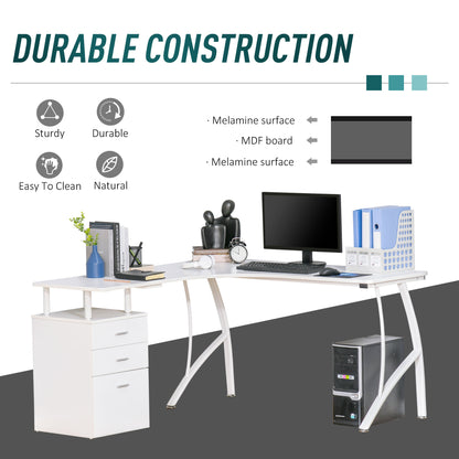 L-Shaped Computer Desk Table with Storage Drawer Home Office Corner Industrial Style Workstation for A4 Files 152 x 143.5 x 76cm, White, HOMCOM, 6