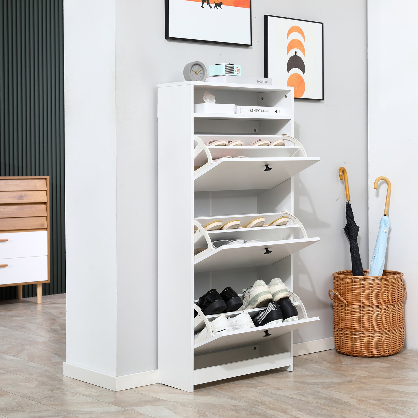 Shoe Cabinet with 3 Flip Doors, 4 Tier Shoe Rack with 1 Open Shelf, Slim Shoe Cupboard for 14-18 Pairs Shoes, for Hallway and Narrow Entrance, 24 x 60 x 132 cm, White, HOMCOM, 6