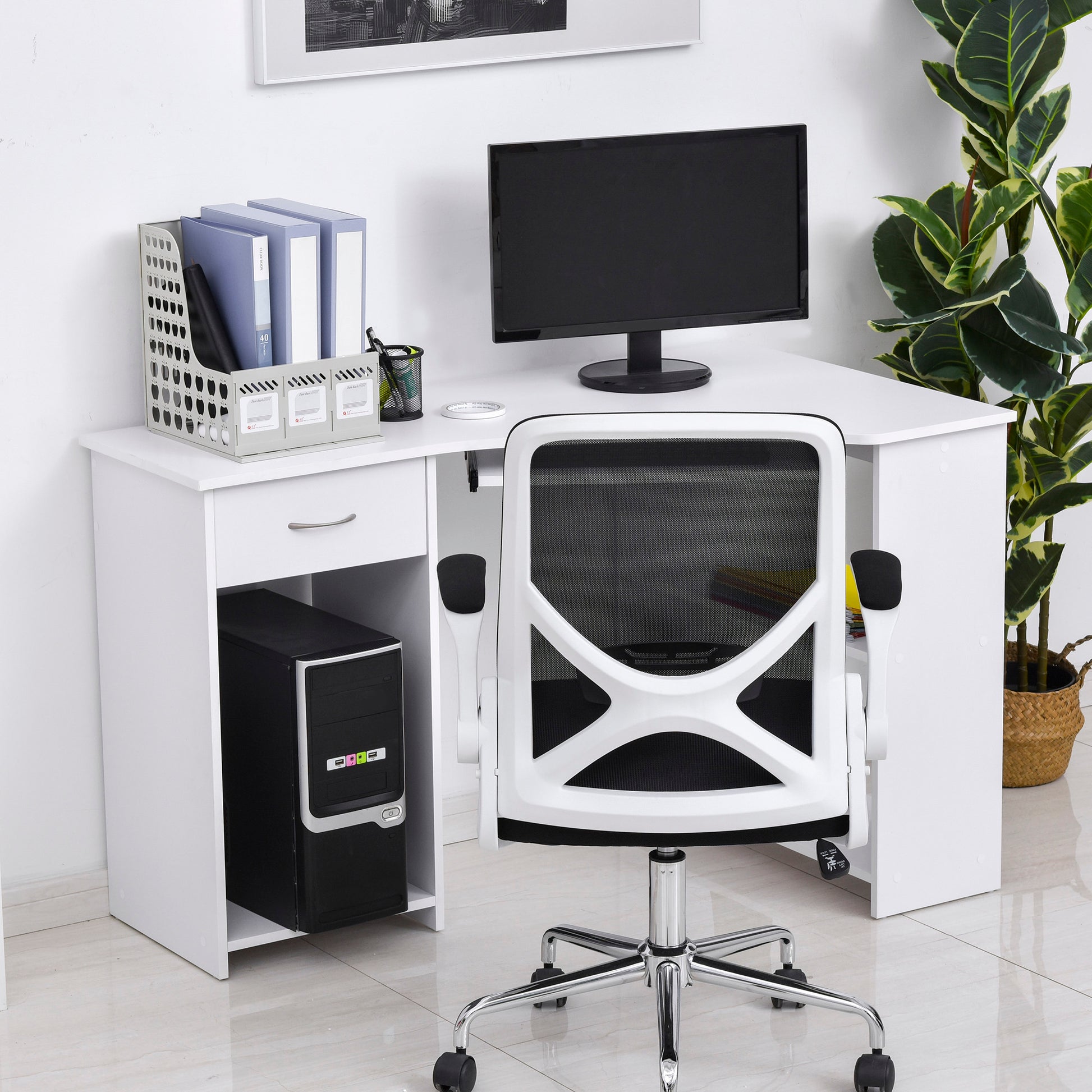 L-Shaped Corner Computer Desk w/ 2 Shelves Wide Worktop Keyboard Tray Drawer & CPU Stand Home Office Study Bedroom Furniture White, HOMCOM, 7