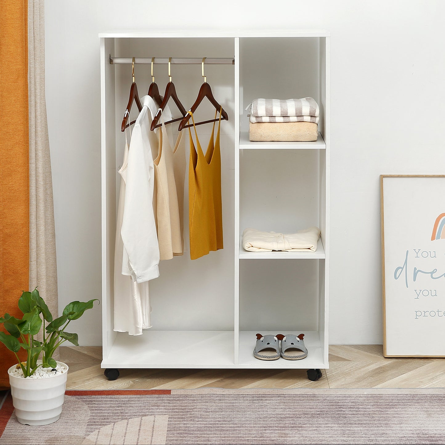 Open Wardrobe on Wheels with Clothes Rail, Bedroom Clothes Storage with Hanging Rod, 3 Storage Shelves, Mobile Garment Rack for Cloakroom, Hallway, White, HOMCOM, 7