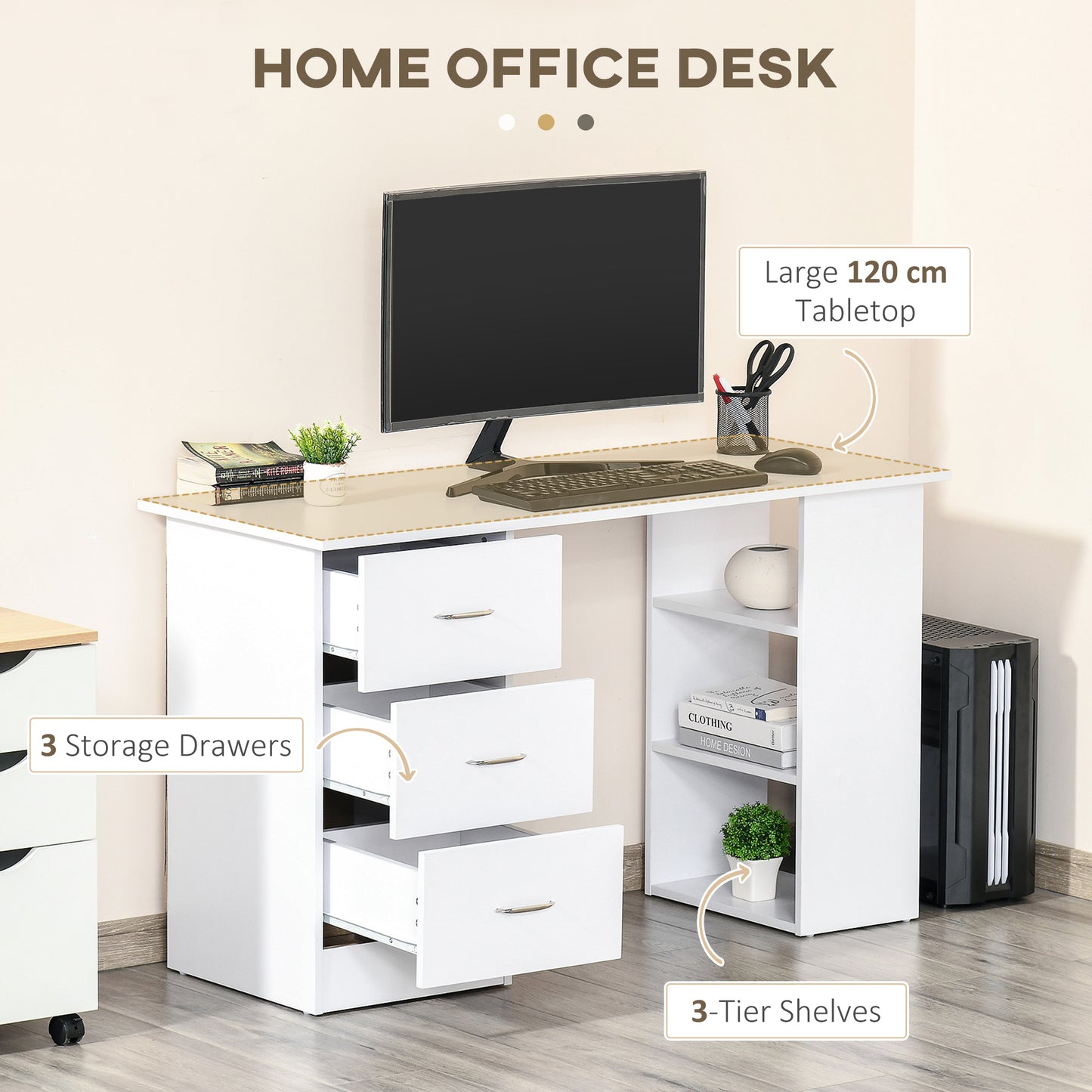 Computer Desk, Writing Table, PC Workstation with 3 Storage Shelves and Drawers, Silver Handle, for Home Office, White, HOMCOM, 4