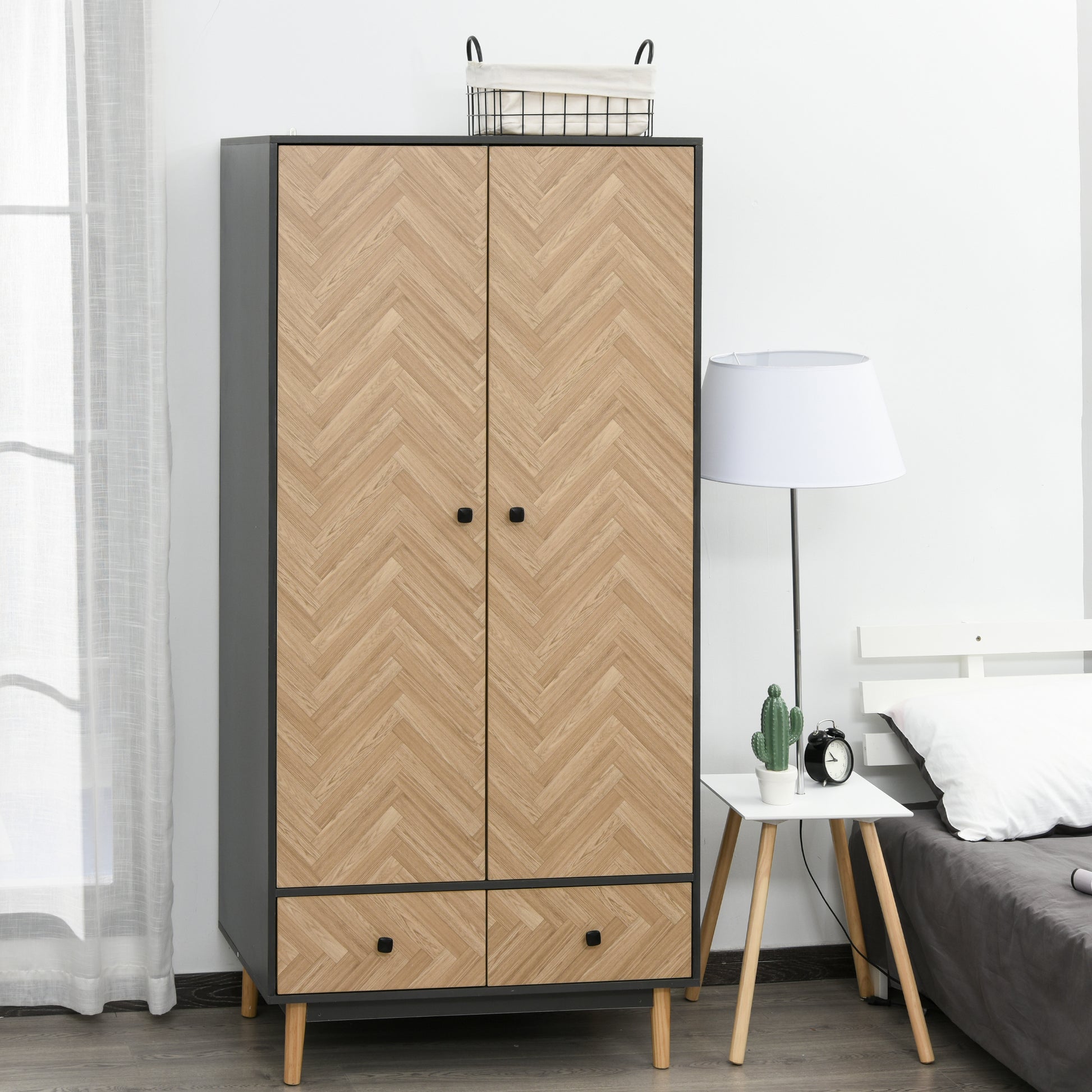 Modern Wardrobe Cabinet Wood Grain Sticker Surface with Shelf, Hanging Rod and 2 Drawers 90x50x190cm, HOMCOM, 2
