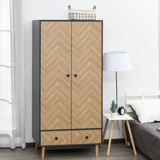 Modern Wardrobe Cabinet Wood Grain Sticker Surface with Shelf, Hanging Rod and 2 Drawers 90x50x190cm, HOMCOM, 2