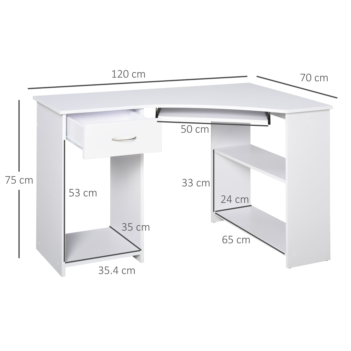 L-Shaped Corner Computer Desk w/ 2 Shelves Wide Worktop Keyboard Tray Drawer & CPU Stand Home Office Study Bedroom Furniture White, HOMCOM, 3