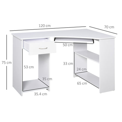 L-Shaped Corner Computer Desk w/ 2 Shelves Wide Worktop Keyboard Tray Drawer & CPU Stand Home Office Study Bedroom Furniture White, HOMCOM, 3