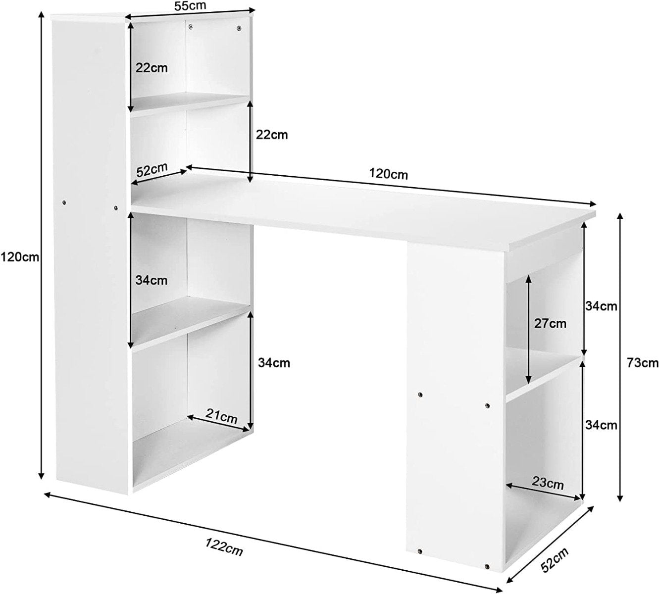 Modern 3-in-1 Wooden Computer Desk with 6-Tier Storage Bookshelves-White, Costway, 4