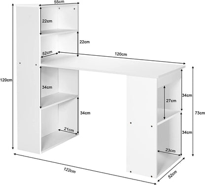 Modern 3-in-1 Wooden Computer Desk with 6-Tier Storage Bookshelves-White, Costway, 4