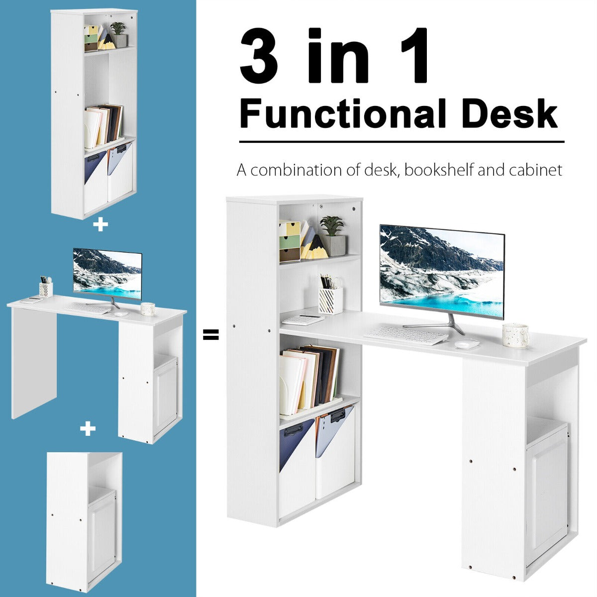 Modern 3-in-1 Wooden Computer Desk with 6-Tier Storage Bookshelves-White, Costway, 3