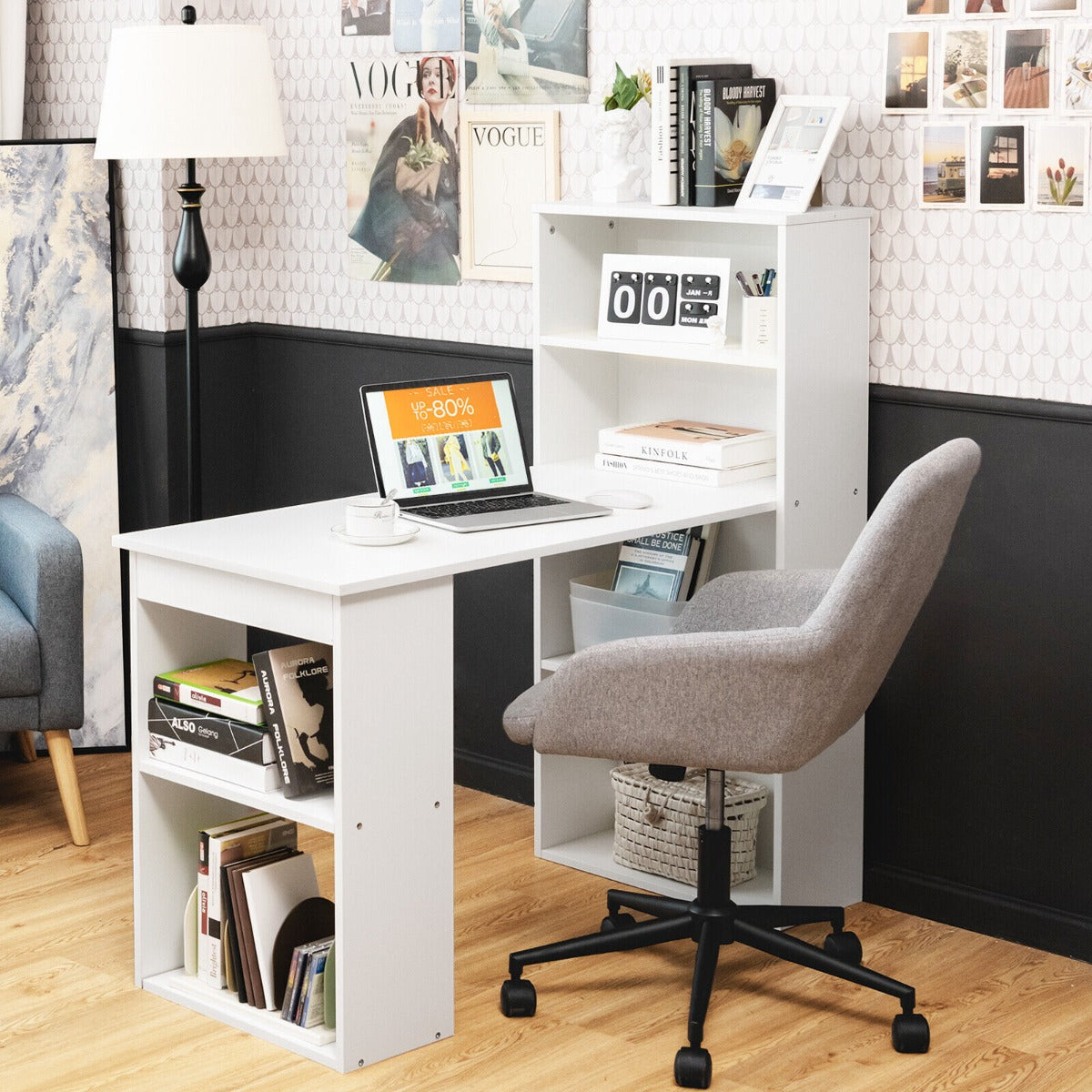 Modern 3-in-1 Wooden Computer Desk with 6-Tier Storage Bookshelves-White, Costway, 7