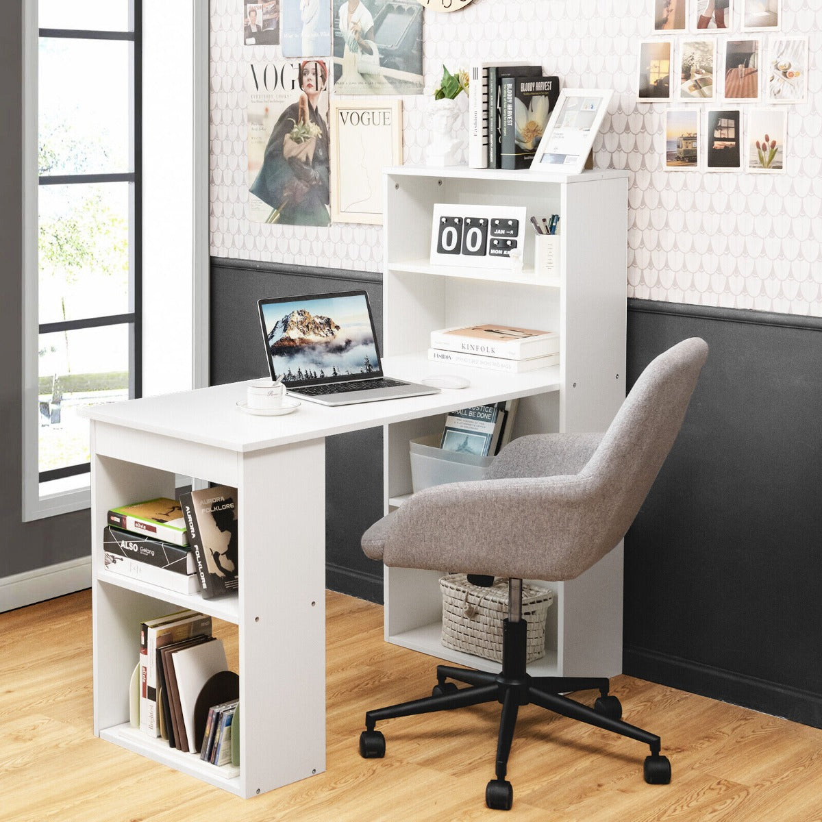 Modern 3-in-1 Wooden Computer Desk with 6-Tier Storage Bookshelves-White, Costway, 2